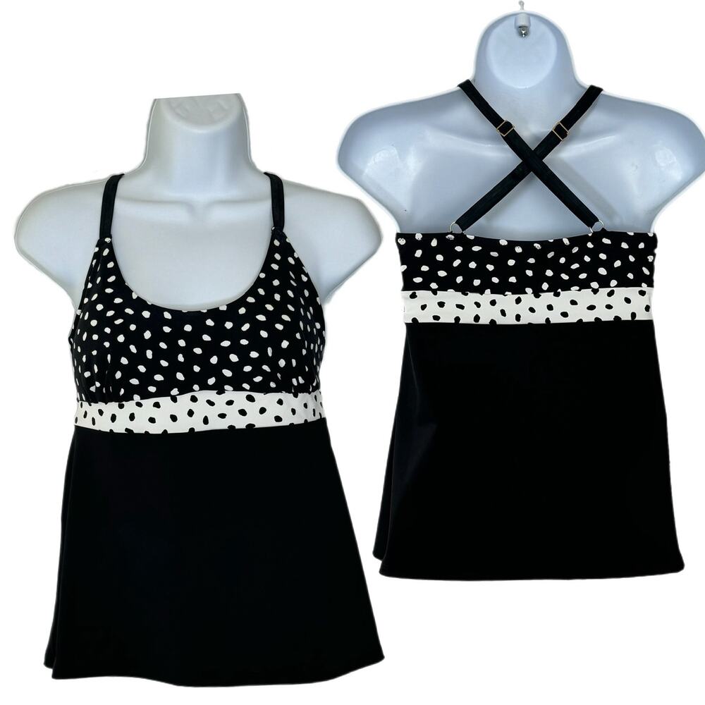 Lands End Tankini Top 10 Black White Dot Cross Back Swim Babydoll Retro